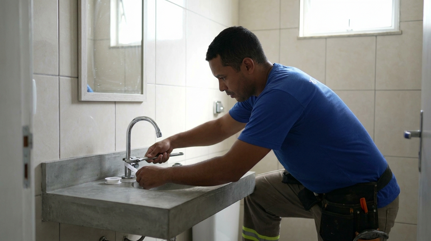 Encanador instalando torneira em Araraquara‑SP